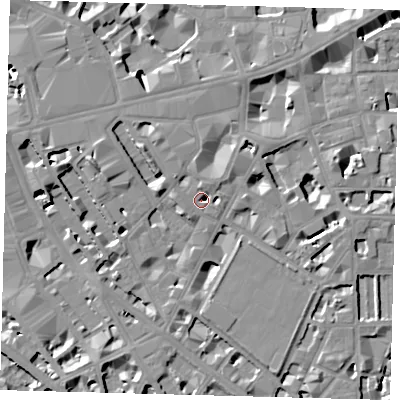 Shaded relief map of the ground around SW1P1PN, computed from Environment Agency LiDAR. The ground here sits at about 4 m above sea level and falls 10 m across the surrounding 800 m. Surface water reaching this point runs off ground lying to the north-west, 3.4 m higher.