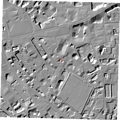 Shaded relief map of the ground around SW1P1PP, computed from Environment Agency LiDAR. The ground here sits at about 4 m above sea level and falls 9 m across the surrounding 800 m. Surface water reaching this point runs off ground lying to the north-west, 3.3 m higher.
