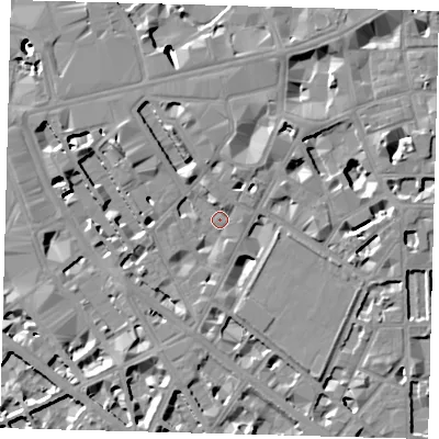 Shaded relief map of the ground around SW1P1PR, computed from Environment Agency LiDAR. The ground here sits at about 4 m above sea level and falls 10 m across the surrounding 800 m. Surface water reaching this point runs off ground lying to the north-north-west, 7.5 m higher.
