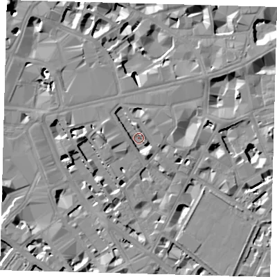 Shaded relief map of the ground around SW1P1QF, computed from Environment Agency LiDAR. The ground here sits at about 3 m above sea level and falls 17 m across the surrounding 800 m. Surface water reaching this point runs off ground lying to the north-east, 4.4 m higher.