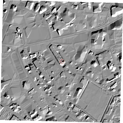 Shaded relief map of the ground around SW1P1QG, computed from Environment Agency LiDAR. The ground here sits at about 3 m above sea level and falls 10 m across the surrounding 800 m. Surface water reaching this point runs off ground lying to the north-north-west, 4.4 m higher.