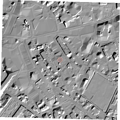 Shaded relief map of the ground around SW1P1QH, computed from Environment Agency LiDAR. The ground here sits at about 4 m above sea level and falls 13 m across the surrounding 800 m. Surface water reaching this point runs off ground lying to the north-west, 5.2 m higher.