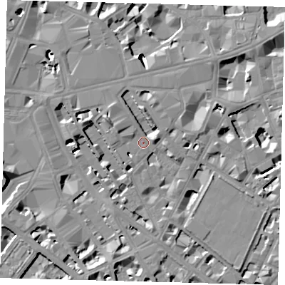 Shaded relief map of the ground around SW1P1QJ, computed from Environment Agency LiDAR. The ground here sits at about 4 m above sea level and falls 13 m across the surrounding 800 m. Surface water reaching this point runs off ground lying to the north-north-east, 4.4 m higher.