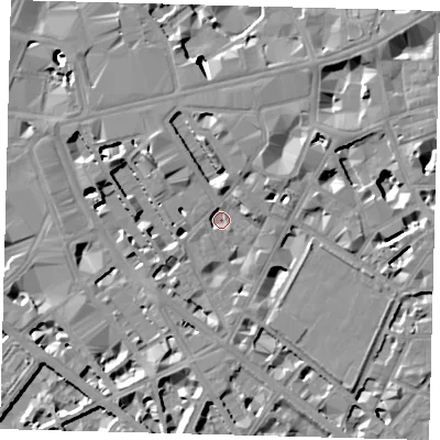 Shaded relief map of the ground around SW1P1QL, computed from Environment Agency LiDAR. The ground here sits at about 3 m above sea level and falls 10 m across the surrounding 800 m. Surface water reaching this point runs off ground lying to the north, 7.5 m higher.