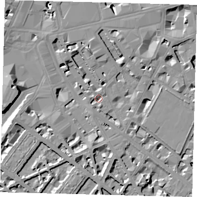 Shaded relief map of the ground around SW1P1QP, computed from Environment Agency LiDAR. The ground here sits at about 3 m above sea level and falls 13 m across the surrounding 800 m. Surface water reaching this point runs off ground lying to the south-west, 2.8 m higher.