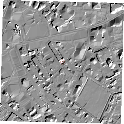 Shaded relief map of the ground around SW1P1QQ, computed from Environment Agency LiDAR. The ground here sits at about 6 m above sea level and falls 10 m across the surrounding 800 m. Surface water reaching this point runs off ground lying to the north-north-west, 4.4 m higher.
