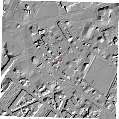 Shaded relief map of the ground around SW1P1QR, computed from Environment Agency LiDAR. The ground here sits at about 4 m above sea level and falls 13 m across the surrounding 800 m. Surface water reaching this point runs off ground lying to the north-north-east, 7.5 m higher.