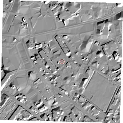 Shaded relief map of the ground around SW1P1QW, computed from Environment Agency LiDAR. The ground here sits at about 4 m above sea level and falls 13 m across the surrounding 800 m. Surface water reaching this point runs off ground lying to the north-north-east, 4.4 m higher.