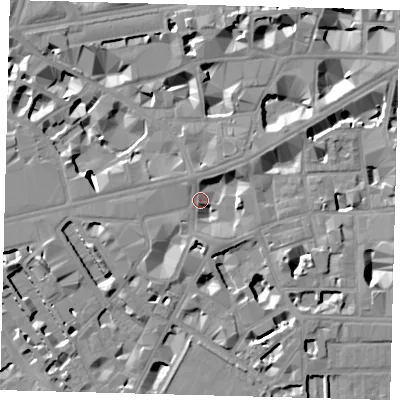 Shaded relief map of the ground around SW1P1RH, computed from Environment Agency LiDAR. The ground here sits at about 4 m above sea level and falls 9 m across the surrounding 800 m. Surface water reaching this point runs off ground lying to the west-south-west, 5.0 m higher.