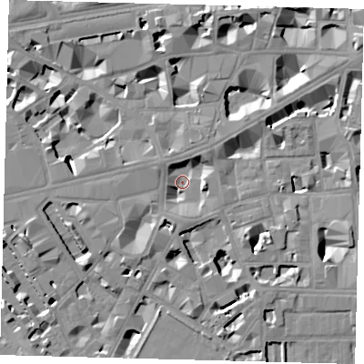 Shaded relief map of the ground around SW1P1RJ, computed from Environment Agency LiDAR. The ground here sits at about 2 m above sea level and falls 9 m across the surrounding 800 m. Surface water reaching this point runs off ground lying to the west-south-west, 5.0 m higher.