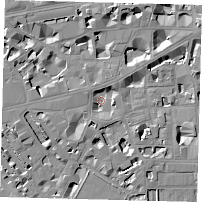 Shaded relief map of the ground around SW1P1RL, computed from Environment Agency LiDAR. The ground here sits at about 2 m above sea level and falls 9 m across the surrounding 800 m. Surface water reaching this point runs off ground lying to the west-south-west, 5.0 m higher.