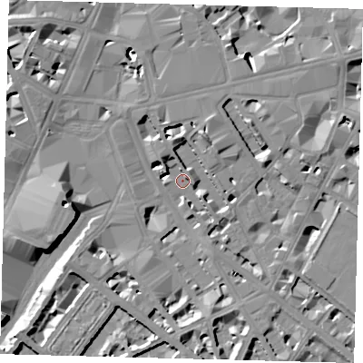Shaded relief map of the ground around SW1P1RN, computed from Environment Agency LiDAR. The ground here sits at about 2 m above sea level and falls 13 m across the surrounding 800 m. Surface water reaching this point runs off ground lying to the north-north-east, 6.6 m higher.