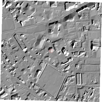 Shaded relief map of the ground around SW1P1RP, computed from Environment Agency LiDAR. The ground here sits at about 2 m above sea level and falls 9 m across the surrounding 800 m. Surface water reaching this point runs off ground lying to the north-north-west, 3.5 m higher.