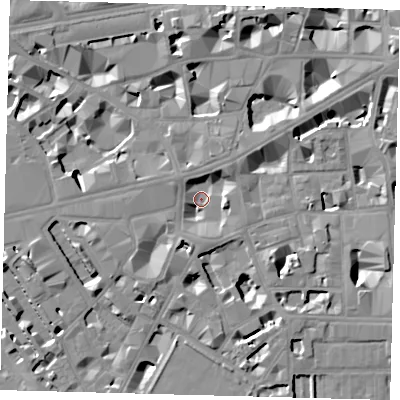 Shaded relief map of the ground around SW1P1RR, computed from Environment Agency LiDAR. The ground here sits at about 2 m above sea level and falls 9 m across the surrounding 800 m. Surface water reaching this point runs off ground lying to the west-south-west, 5.0 m higher.