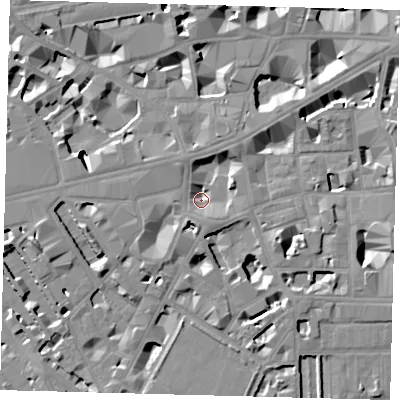 Shaded relief map of the ground around SW1P1RT, computed from Environment Agency LiDAR. The ground here sits at about 2 m above sea level and falls 9 m across the surrounding 800 m. Surface water reaching this point runs off ground lying to the west, 5.0 m higher.