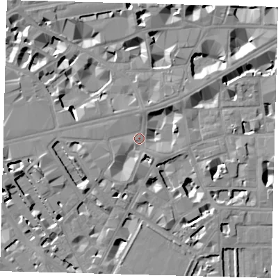 Shaded relief map of the ground around SW1P1RZ, computed from Environment Agency LiDAR. The ground here sits at about 4 m above sea level and falls 9 m across the surrounding 800 m. Surface water reaching this point runs off ground lying to the west, 5.0 m higher.