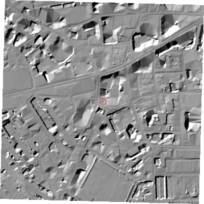Shaded relief map of the ground around SW1P1SB, computed from Environment Agency LiDAR. The ground here sits at about 4 m above sea level and falls 9 m across the surrounding 800 m. Surface water reaching this point runs off ground lying to the north-east, 4.4 m higher.