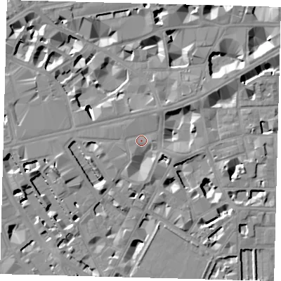 Shaded relief map of the ground around SW1P1WG, computed from Environment Agency LiDAR. The ground here sits at about 5 m above sea level and falls 9 m across the surrounding 800 m. Surface water reaching this point runs off ground lying to the west-south-west, 2.7 m higher.