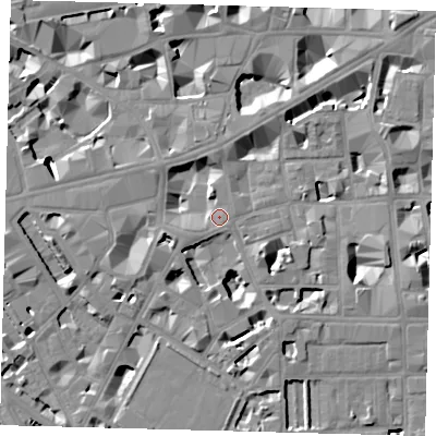 Shaded relief map of the ground around SW1P1WU, computed from Environment Agency LiDAR. The ground here sits at about 4 m above sea level and falls 9 m across the surrounding 800 m. Surface water reaching this point runs off ground lying to the west-south-west, 2.2 m higher.