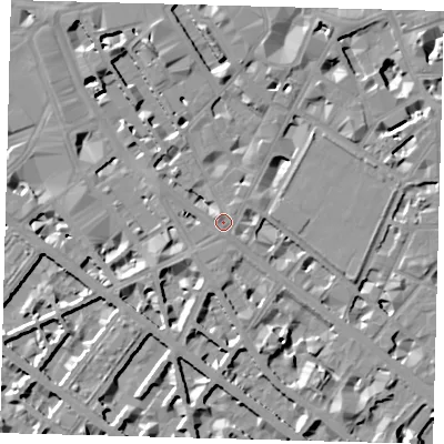 Shaded relief map of the ground around SW1P1ZB, computed from Environment Agency LiDAR. The ground here sits at about 4 m above sea level and falls 8 m across the surrounding 800 m. Surface water reaching this point runs off ground lying to the north-west, 1.1 m higher.