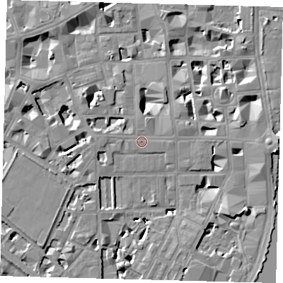 Shaded relief map of the ground around SW1P2AA, computed from Environment Agency LiDAR. The ground here sits at about 4 m above sea level and falls 9 m across the surrounding 800 m. Surface water reaching this point runs off ground lying to the west, 3.4 m higher.