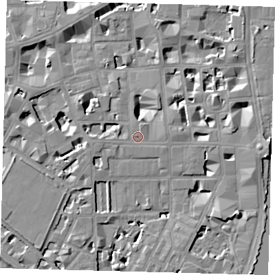 Shaded relief map of the ground around SW1P2AD, computed from Environment Agency LiDAR. The ground here sits at about 4 m above sea level and falls 9 m across the surrounding 800 m. Surface water reaching this point runs off ground lying to the west-south-west, 3.4 m higher.