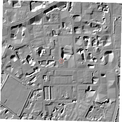 Shaded relief map of the ground around SW1P2AE, computed from Environment Agency LiDAR. The ground here sits at about 4 m above sea level and falls 9 m across the surrounding 800 m. Surface water reaching this point runs off ground lying to the east-north-east, 6.5 m higher.