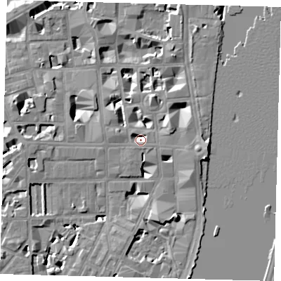 Shaded relief map of the ground around SW1P2AF, computed from Environment Agency LiDAR. The ground here sits at about 3 m above sea level and falls 9 m across the surrounding 800 m. Surface water reaching this point runs off ground lying to the east-south-east, 3.5 m higher.