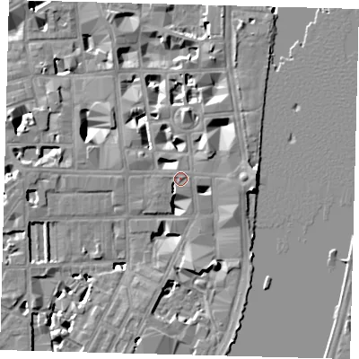Shaded relief map of the ground around SW1P2AH, computed from Environment Agency LiDAR. The ground here sits at about 5 m above sea level and falls 9 m across the surrounding 800 m. Surface water reaching this point runs off ground lying to the north-east, 3.4 m higher.