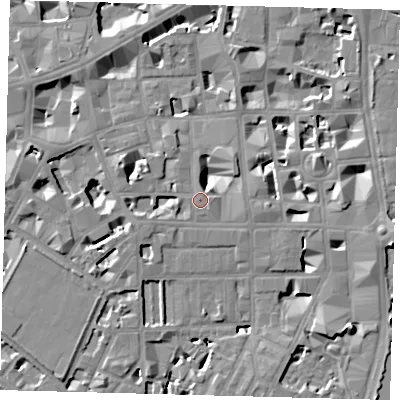 Shaded relief map of the ground around SW1P2AJ, computed from Environment Agency LiDAR. The ground here sits at about 4 m above sea level and falls 9 m across the surrounding 800 m. Surface water reaching this point runs off ground lying to the north-east, 6.5 m higher.