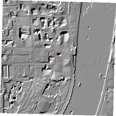 Shaded relief map of the ground around SW1P2AN, computed from Environment Agency LiDAR. The ground here sits at about 4 m above sea level and falls 9 m across the surrounding 800 m. Surface water reaching this point runs off ground lying to the east-north-east, 2.2 m higher.