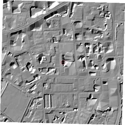 Shaded relief map of the ground around SW1P2AP, computed from Environment Agency LiDAR. The ground here sits at about 3 m above sea level and falls 9 m across the surrounding 800 m. Surface water reaching this point runs off ground lying to the east, 6.5 m higher.