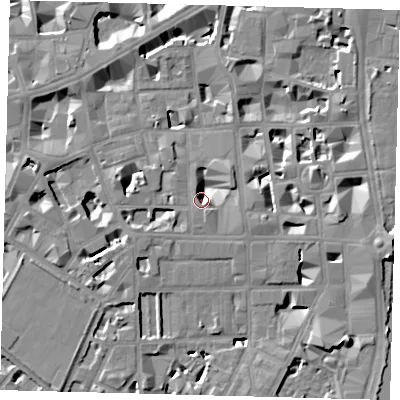 Shaded relief map of the ground around SW1P2AR, computed from Environment Agency LiDAR. The ground here sits at about 2 m above sea level and falls 9 m across the surrounding 800 m. Surface water reaching this point runs off ground lying to the east-north-east, 6.5 m higher.