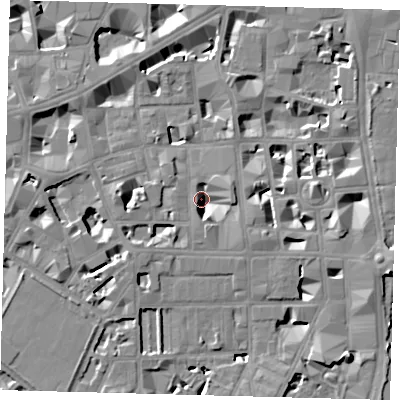 Shaded relief map of the ground around SW1P2AS, computed from Environment Agency LiDAR. The ground here sits at about 3 m above sea level and falls 9 m across the surrounding 800 m. Surface water reaching this point runs off ground lying to the west, 6.4 m higher.