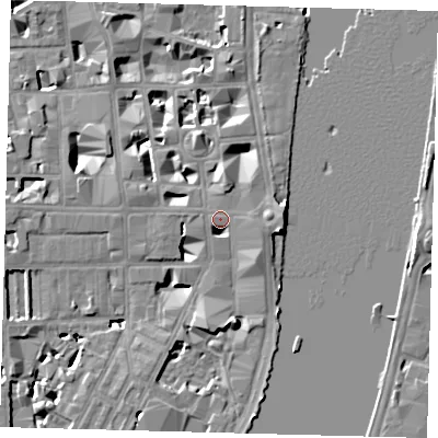 Shaded relief map of the ground around SW1P2AW, computed from Environment Agency LiDAR. The ground here sits at about 5 m above sea level and falls 9 m across the surrounding 800 m. Surface water reaching this point runs off ground lying to the east, 2.8 m higher.