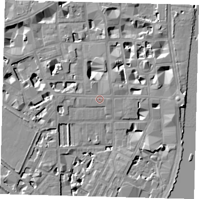 Shaded relief map of the ground around SW1P2AY, computed from Environment Agency LiDAR. The ground here sits at about 4 m above sea level and falls 9 m across the surrounding 800 m. Surface water reaching this point runs off ground lying to the north-east, 1.0 m higher.