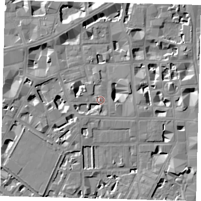 Shaded relief map of the ground around SW1P2BA, computed from Environment Agency LiDAR. The ground here sits at about 4 m above sea level and falls 8 m across the surrounding 800 m. Surface water reaching this point runs off ground lying to the east-north-east, 6.5 m higher.