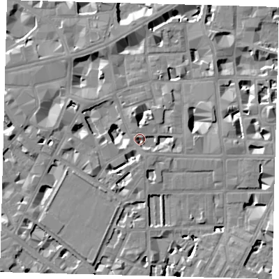 Shaded relief map of the ground around SW1P2BB, computed from Environment Agency LiDAR. The ground here sits at about 3 m above sea level and falls 8 m across the surrounding 800 m. Surface water reaching this point runs off ground lying to the south-south-east, 0.7 m higher.