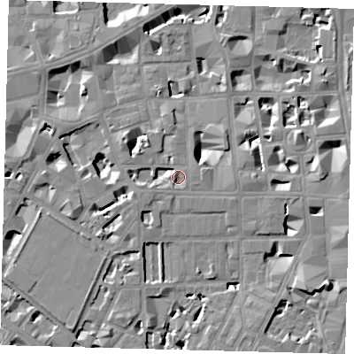 Shaded relief map of the ground around SW1P2BD, computed from Environment Agency LiDAR. The ground here sits at about 4 m above sea level and falls 8 m across the surrounding 800 m. Surface water reaching this point runs off ground lying to the west, 3.2 m higher.