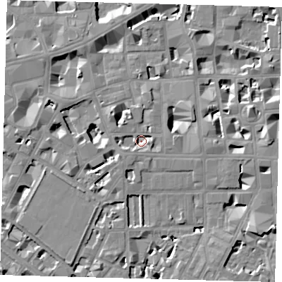 Shaded relief map of the ground around SW1P2BE, computed from Environment Agency LiDAR. The ground here sits at about 2 m above sea level and falls 8 m across the surrounding 800 m. Surface water reaching this point runs off ground lying to the west-south-west, 3.2 m higher.