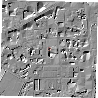 Shaded relief map of the ground around SW1P2BF, computed from Environment Agency LiDAR. The ground here sits at about 2 m above sea level and falls 9 m across the surrounding 800 m. Surface water reaching this point runs off ground lying to the west-south-west, 6.4 m higher.