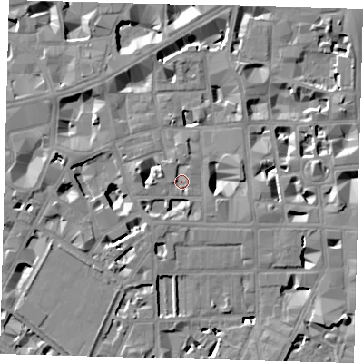 Shaded relief map of the ground around SW1P2BG, computed from Environment Agency LiDAR. The ground here sits at about 4 m above sea level and falls 8 m across the surrounding 800 m. Surface water reaching this point runs off ground lying to the north-west, 1.7 m higher.