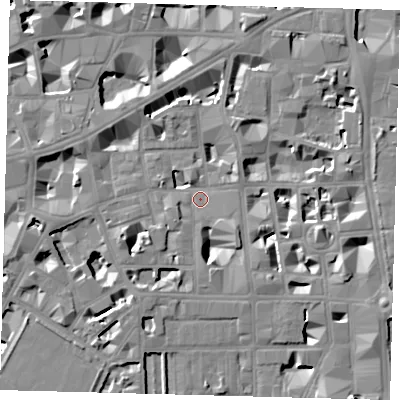 Shaded relief map of the ground around SW1P2BH, computed from Environment Agency LiDAR. The ground here sits at about 3 m above sea level and falls 9 m across the surrounding 800 m. Surface water reaching this point runs off ground lying to the south-west, 6.4 m higher.