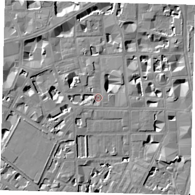 Shaded relief map of the ground around SW1P2BJ, computed from Environment Agency LiDAR. The ground here sits at about 4 m above sea level and falls 8 m across the surrounding 800 m. Surface water reaching this point runs off ground lying to the west-south-west, 3.2 m higher.