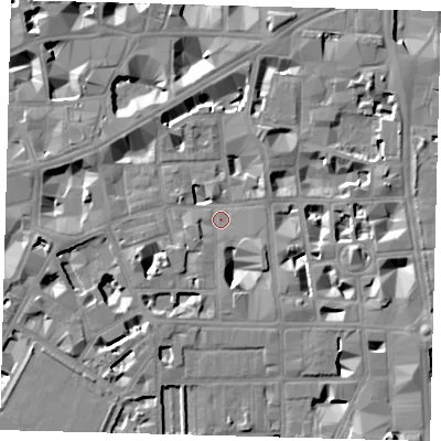 Shaded relief map of the ground around SW1P2BL, computed from Environment Agency LiDAR. The ground here sits at about 3 m above sea level and falls 9 m across the surrounding 800 m. Surface water reaching this point runs off ground lying to the south-west, 6.4 m higher.