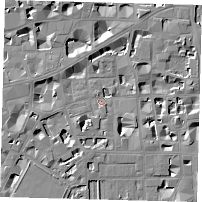 Shaded relief map of the ground around SW1P2BN, computed from Environment Agency LiDAR. The ground here sits at about 3 m above sea level and falls 8 m across the surrounding 800 m. Surface water reaching this point runs off ground lying to the south-west, 6.9 m higher.