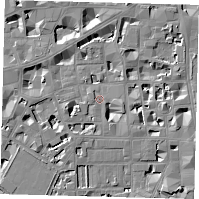 Shaded relief map of the ground around SW1P2BQ, computed from Environment Agency LiDAR. The ground here sits at about 3 m above sea level and falls 8 m across the surrounding 800 m. Surface water reaching this point runs off ground lying to the west-south-west, 6.4 m higher.