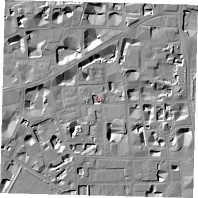 Shaded relief map of the ground around SW1P2BU, computed from Environment Agency LiDAR. The ground here sits at about 3 m above sea level and falls 8 m across the surrounding 800 m. Surface water reaching this point runs off ground lying to the south-west, 6.9 m higher.