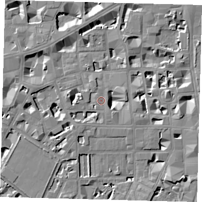 Shaded relief map of the ground around SW1P2BW, computed from Environment Agency LiDAR. The ground here sits at about 4 m above sea level and falls 8 m across the surrounding 800 m. Surface water reaching this point runs off ground lying to the east, 8.2 m higher.