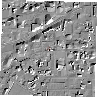 Shaded relief map of the ground around SW1P2DB, computed from Environment Agency LiDAR. The ground here sits at about 3 m above sea level and falls 8 m across the surrounding 800 m. Surface water reaching this point runs off ground lying to the south-west, 6.9 m higher.